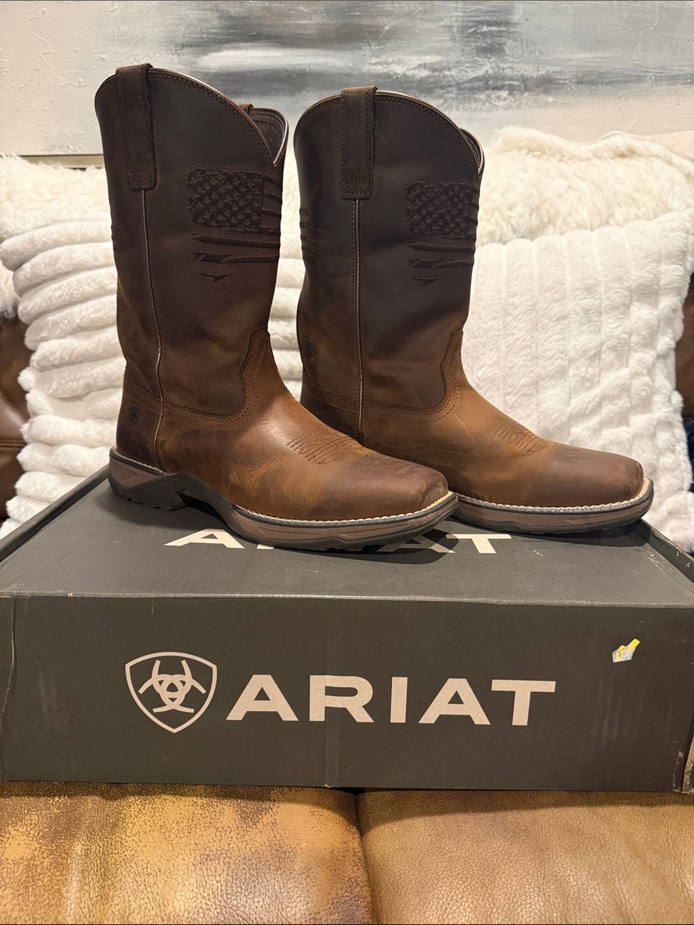 Ariat Brown Leather Embossed American Flag Western Boots